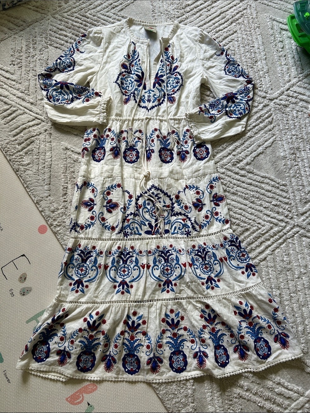 Farm Rio Bohemian White Embroidered Midi Dress with Blue & Red Floral Motifs